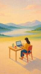 Fototapeta premium Serene remote work landscape mobile wallpaper