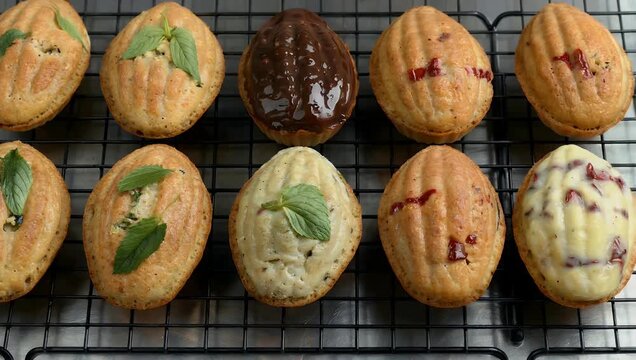 mouthwatering 4K top view close up of freshly baked Madeleine cookies with berries chocolate mint and buttercream on black baking rack ideal for culinary food or dessert med stock footage with high