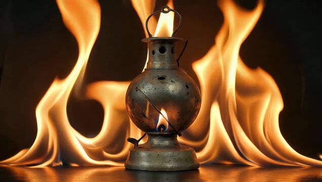 realistic 4K 3D rendering of aged oil lamp glowing softly with warm flame ideal for overlay use title sequences or atmospheric backgrounds requiring antique or vintage