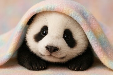 Fototapeta premium Adorable panda under blanket.