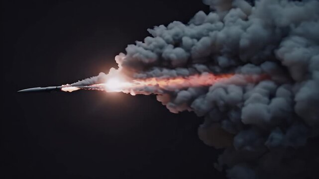 Stunning ultra high definition slow motion 4K footage showing fiery trail sparks smoke blazing light powerful missile rocket speeds past frame leaving glowing jet exhaust pure black cinematic