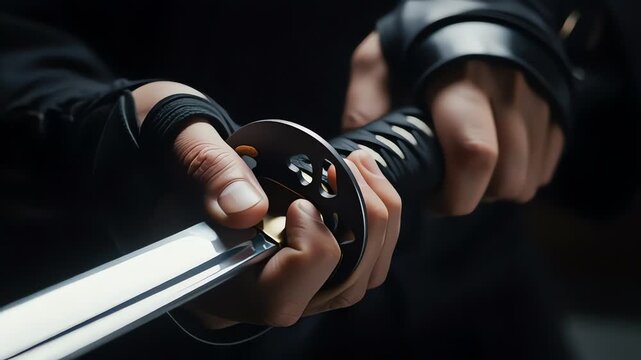 Extreme Close-up of Samurai Hands Unsheathing Katana Sword, Cinematic Detail of Japanese Blade and Tsuba