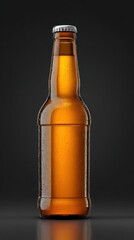 Amber beer bottle isolated against dark background for beverage advertising
