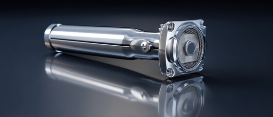 Metallic device with speaker and reflective surface in studio environment