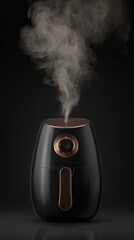 Modern air fryer with rising steam against a dark background product shot