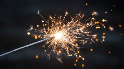 Obraz premium Bright golden sparks intensely radiate from a handheld firework against a dark background