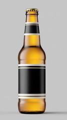 Beer bottle with black label isolated against a light gray background