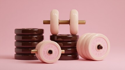 Abstract dumbbells and weights on pink background fitness concept illustration