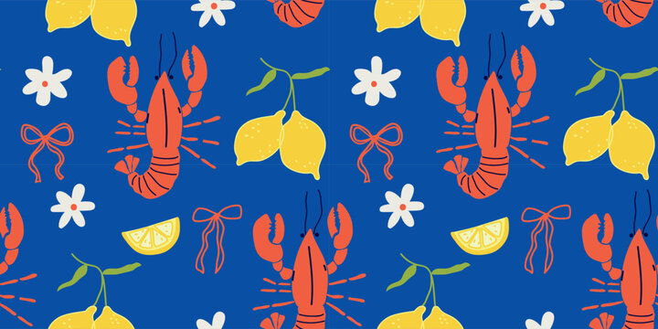 Tropical pattern with red lobster and lemons, spring flower graphic background with bows, mediterranean fruit and sea life seamless vector illustration on blue.