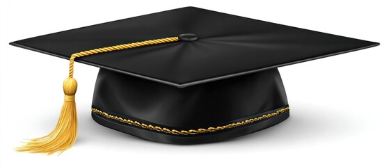 Black graduation cap with gold tassel isolated on white background achievement concept