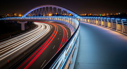 Modern overpass bridge illuminated at night with light trails  