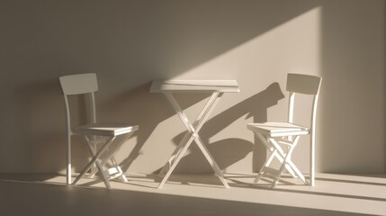 Minimalist white table and chairs in a brightly lit indoor scene