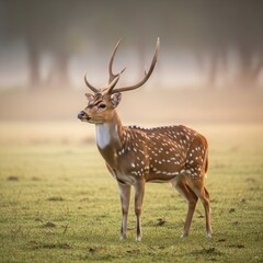 Fototapeta premium A regal male deer with antlers, standing in a field with a misty forest background