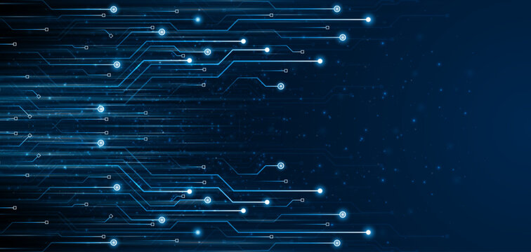 Blue glowing lines with light effect on dark background. High speed internet technology concept or fast wireless data transmission.