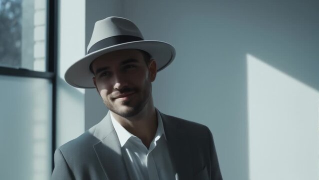 Man in Fedora Hat and Suit Standing Near Window, Illuminated by Sunlight, Looking Away