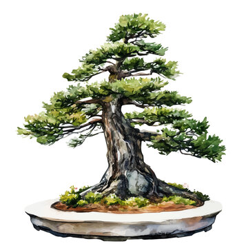 Sequoia Bonsai, watercolor painting with colorful accents, isolated on a white background.