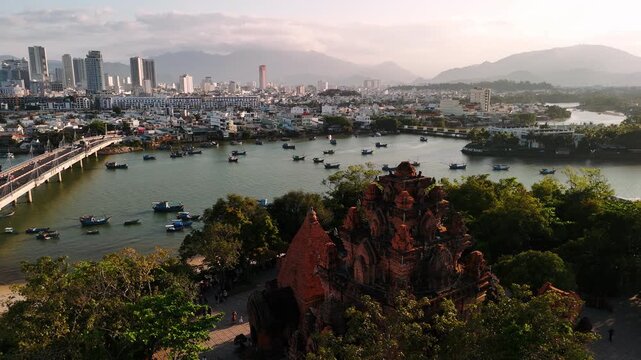 Aerial view of po nagar cham towers with nha trang cityscape in vietnam