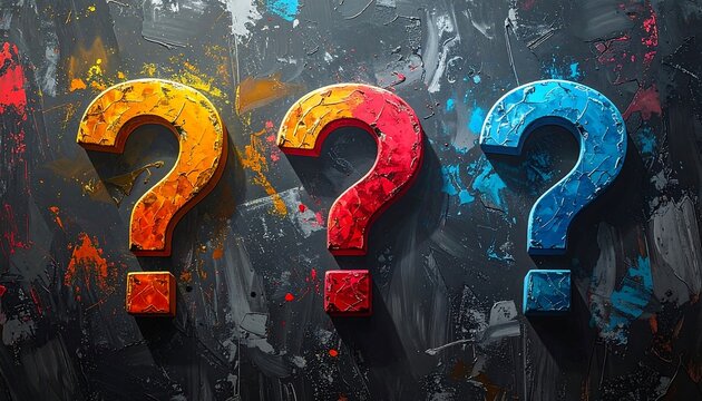 Three colorful question marks on textured dark background with paint splashes