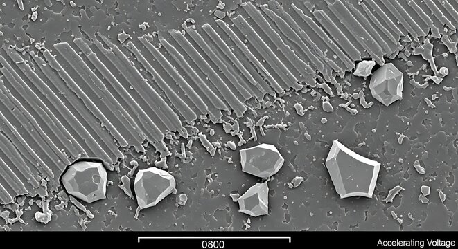 Scanning electron microscope image of crystalline structures on industrial material surface