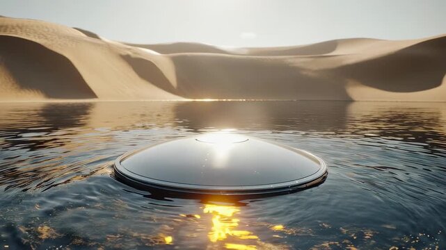 Futuristic Object Floating in Desert Oasis Water.