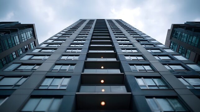Low angle view of a modern tall residential building reaching towards a cloudy sky