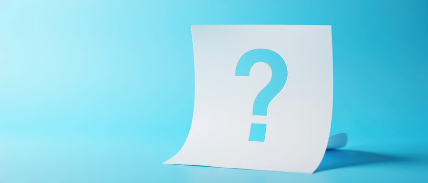 Question mark white paper blue background minimal curiosity mystery concept blank copy space vertical clean modern