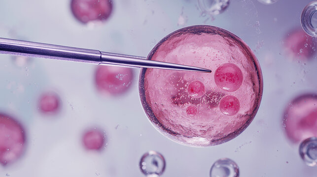 In vitro fertilization process showing needle injecting into pink human egg cell under microscope with scientific precision