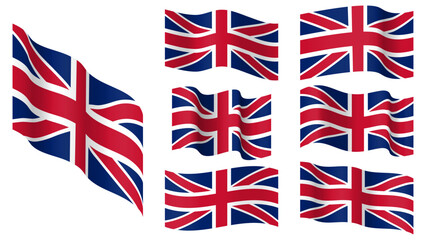 UK flag set, United Kingdom waving vector flag collection. Union Jack flag set. Isolated on transparent background. Illustration. Design element for banner, presentation, advertisement, web. © Julia