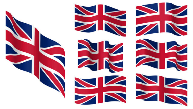 UK flag set, United Kingdom waving vector flag collection. Union Jack flag set. Isolated on transparent background. Illustration. Design element for banner, presentation, advertisement, web.