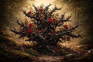 Enchanted thorny rose bush forest