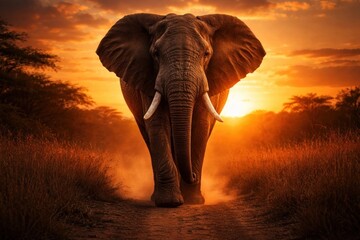 Majestic elephant at sunset