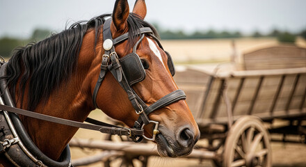 Obraz premium Brown horse wearing bridle in front of wooden cart in farm setting 