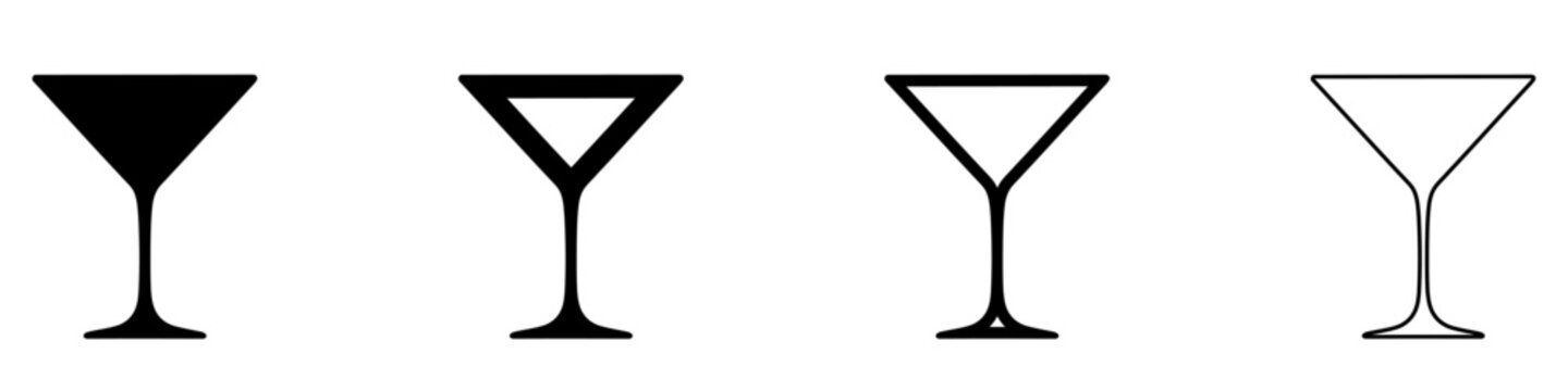 Set of cocktail martini glass icons presented in various styles: silhouette, bold outline, medium outline, and thin line. Minimalist vector illustration for a bar theme.