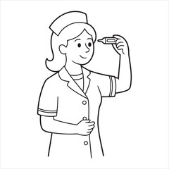 A nurse taking temperature with a thermometer line art vector style