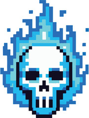 Pixelated blue flaming skull icon, a retro-style digital illustration symbolizing danger and mystery in a retro video game aesthetic
