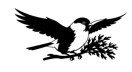 Obraz premium Black silhouette hummingbird in flight on branch with leaves isolated on white background nature symbol