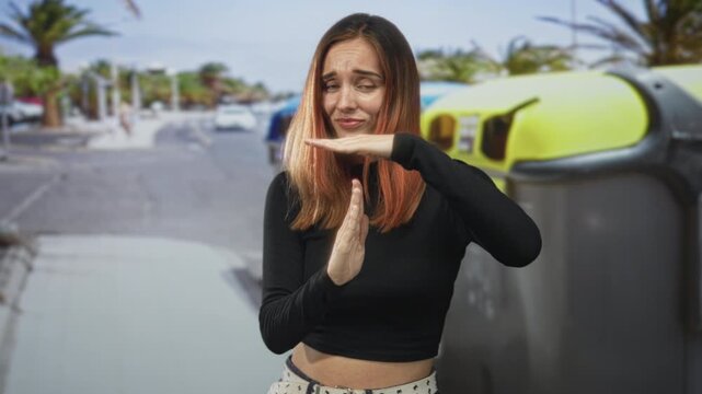 Woman making timeout hand gesture near yellow recycling bin on street, hands visible and exposed midriff, wearing black top with worried expression; concern caution.