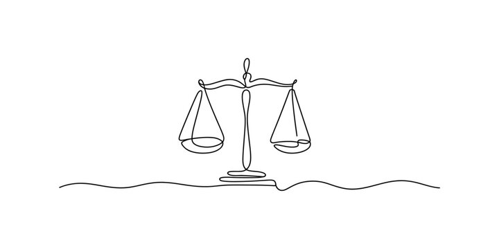 Minimalist continuous line drawing of the scales of justice symbol on a white background Vector, illustration