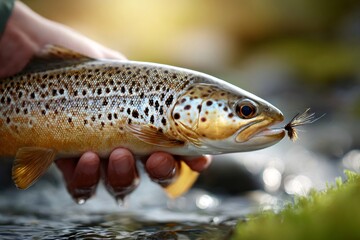 Fototapeta premium Hand holding brown trout from water after fly fishing