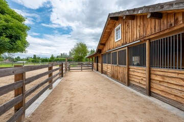 Fototapeta premium Wooden horse barn and paddock with sand arena