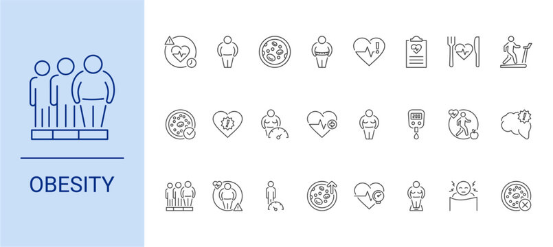 Obesity Icon Set containing chronic diseases, obesity, cholesterol, waist circumference, health risk, assessment, healthy diet, exercise, HDL, heart attack, overweight vector icons