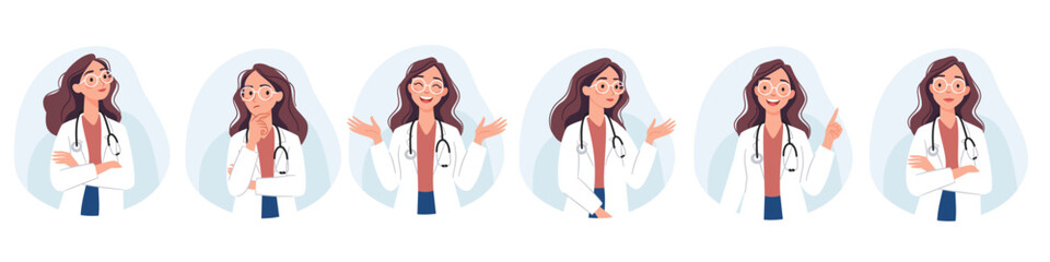 A set of flat vector illustrations. A cute female doctor in different poses and with different emotions. Vector illustration