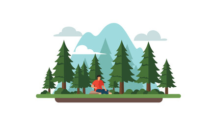 Obraz premium Minimalist illustration of a person relaxing in a forest with mountains and clouds. This peaceful scene promotes outdoor tranquility and natural