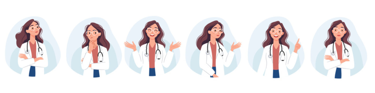 A set of flat vector illustrations. A cute female doctor in different poses and with different emotions. Vector illustration