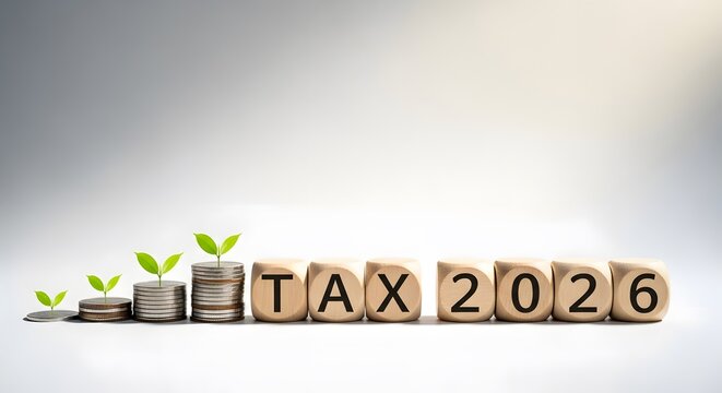 Tax 2026 concept with wooden blocks, stacked coins, and growing plants. Represents financial growth, annual tax planning, and investment success in the new fis