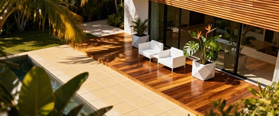 Luxury Patio with Wooden Floor and Tropical Plants