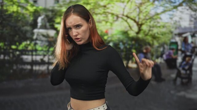 Woman redhead points finger and holds phone to ear on street with open mouth and yelling expression, gesturing accusation; anger argument.