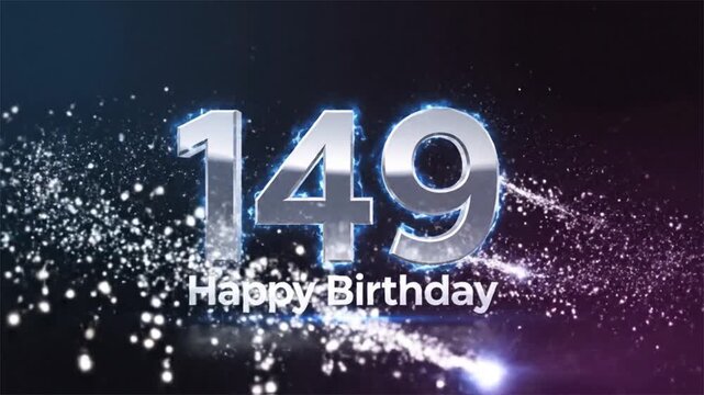 149th Happy Birthday Celebration Motion Graphic Animation with Sparkling Particles and Glowing Metallic Numbers on Dark Abstract Background