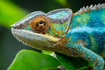 Obraz premium Colorful panther chameleon camouflaging on green leaf