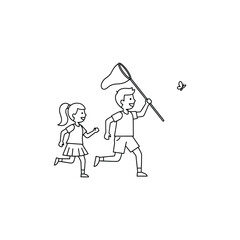 Obraz premium Minimalist Boy And Girl Playing Outdoors Spring Meadow Activity Line Art Illustration